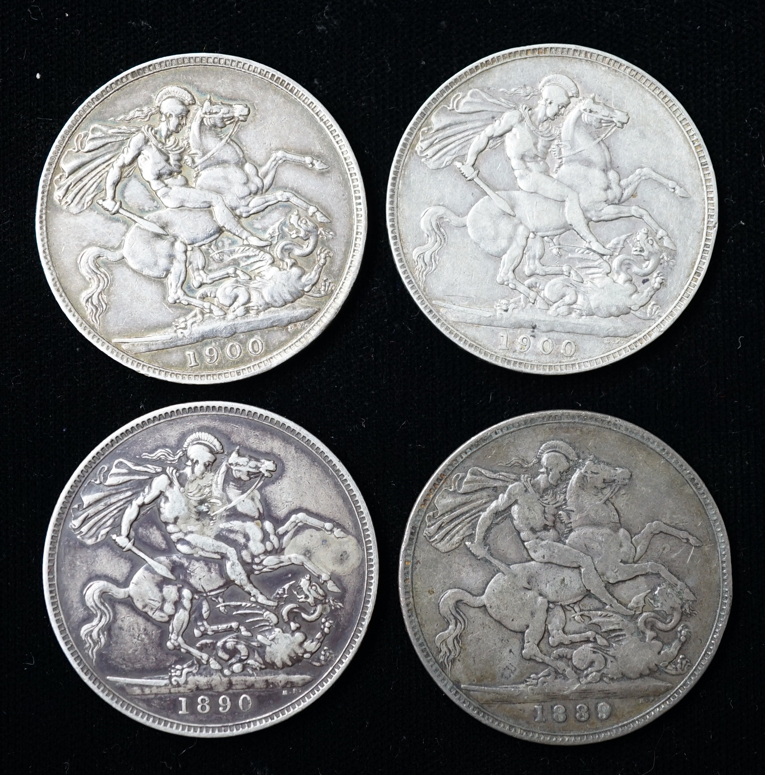 Four Victoria crowns, 1900 (2), 1889 and 1890, F/VF